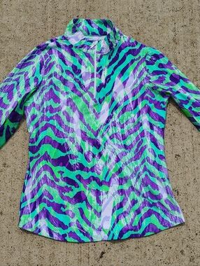 IBKUL Women’s Long Sleeve Zip Mock Neck Golf Shirt Purple Green Zebra Print Sz S